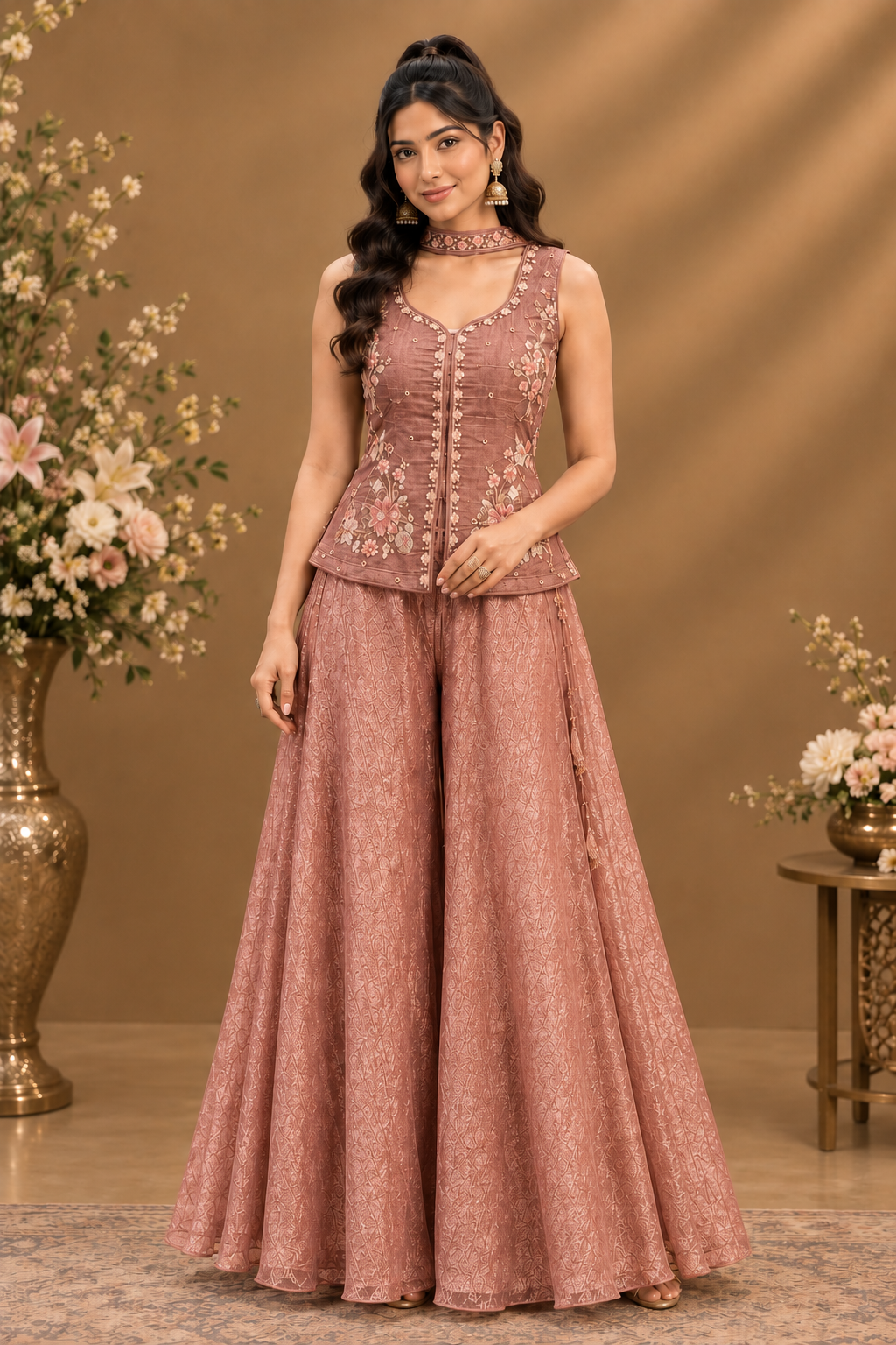 Elegant Taupe Embroidered Sharara Set with Dupatta