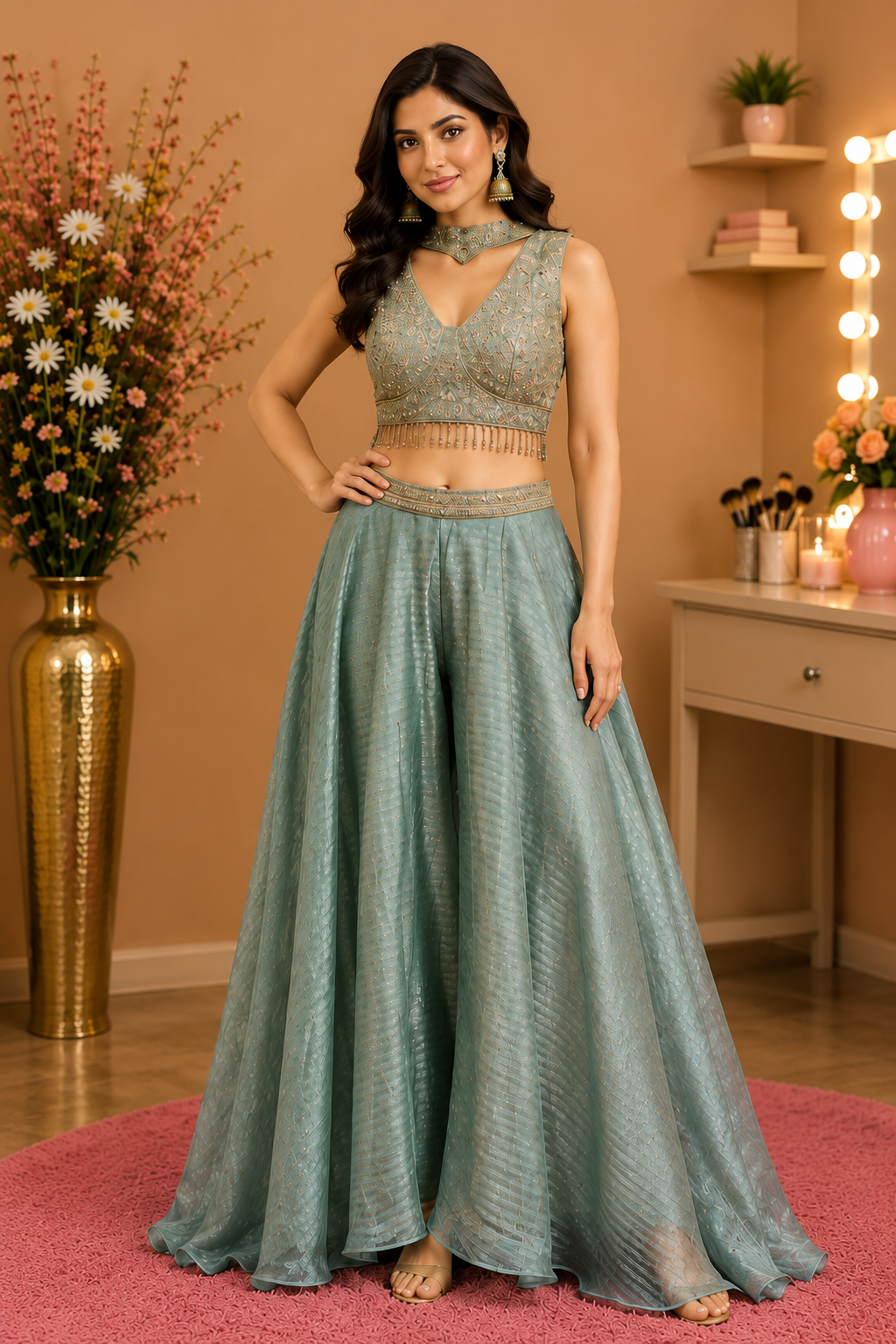 Elegant Emerald Green & RUST Embroidered Lehenga Set
