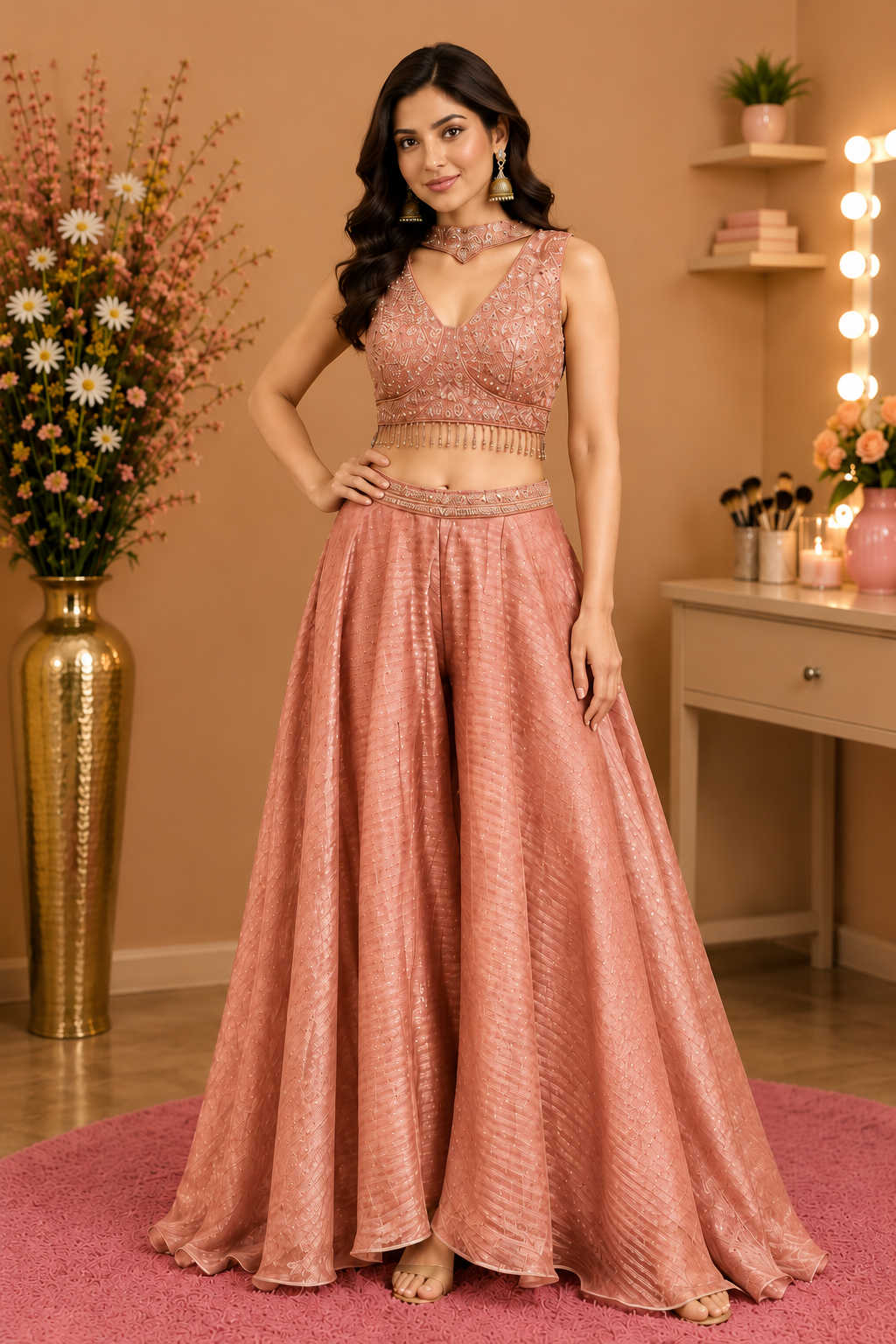 Elegant Emerald Green & RUST Embroidered Lehenga Set