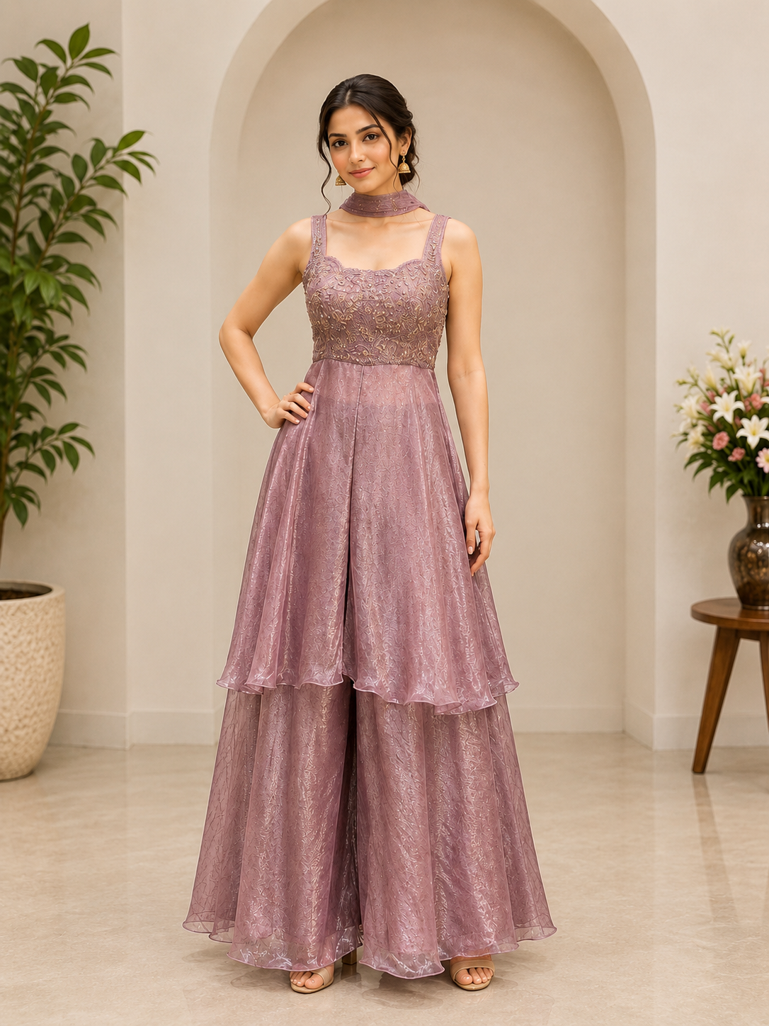 Parrot Green & lavender Embroidered Layered Gown for Women
