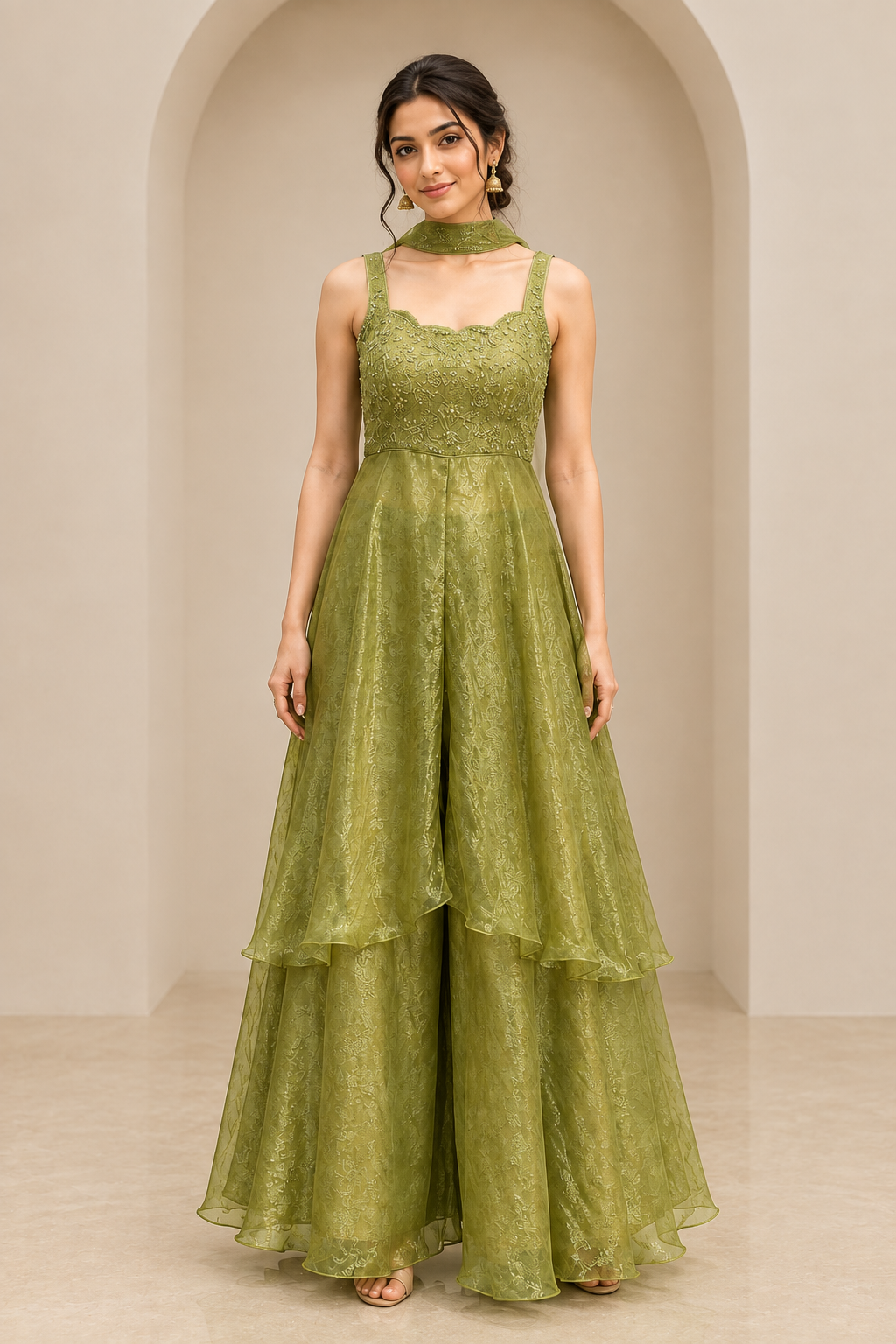Parrot Green & lavender Embroidered Layered Gown for Women