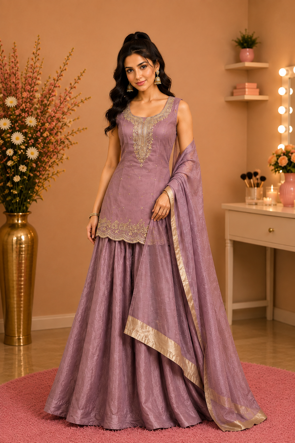 Women’s Mauve Embroidered Sharara Suit Set with Dupatta