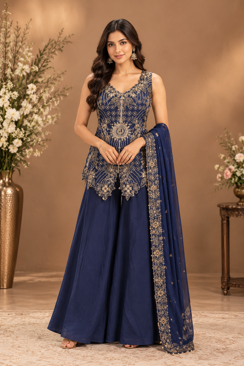 Women’s Navy Blue Embroidered Sharara Set with Dupatta