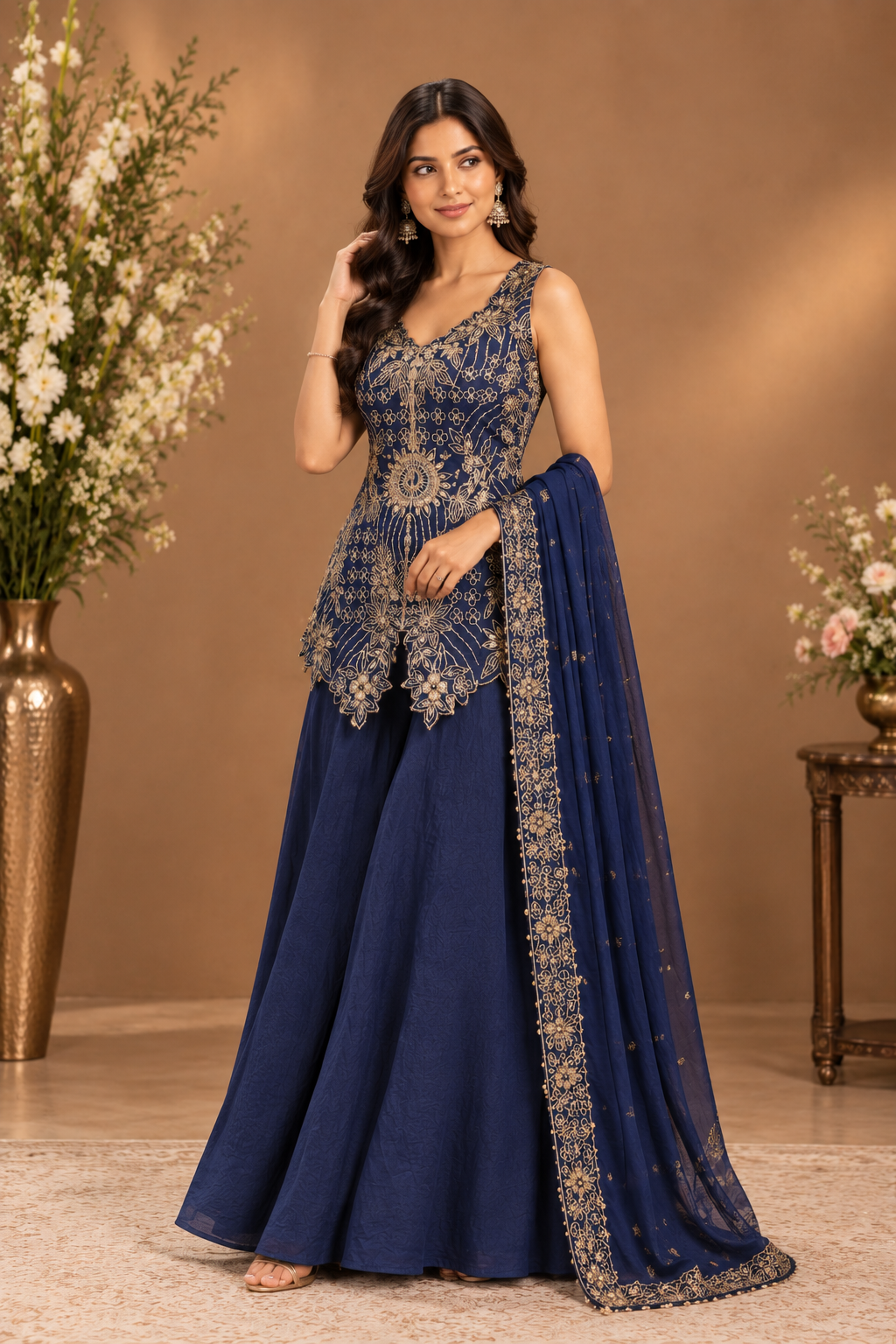 Women’s Navy Blue Embroidered Sharara Set with Dupatta