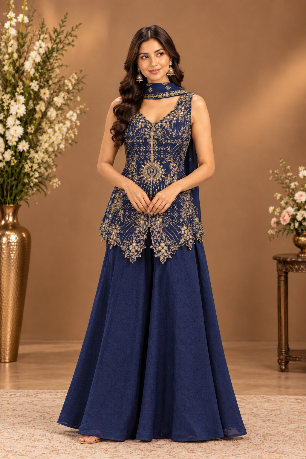 Women’s Navy Blue Embroidered Sharara Set with Dupatta