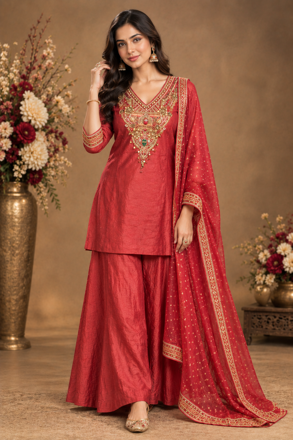 Red Embroidered Festive Kurta Palazzo Set with Dupatta