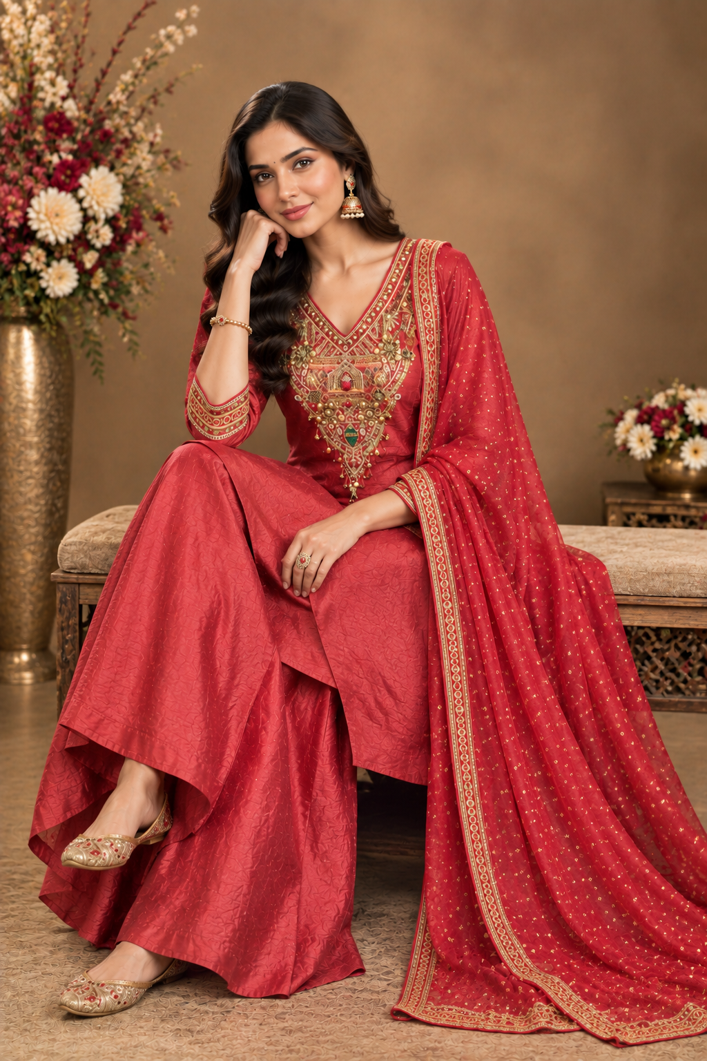 Red Embroidered Festive Kurta Palazzo Set with Dupatta