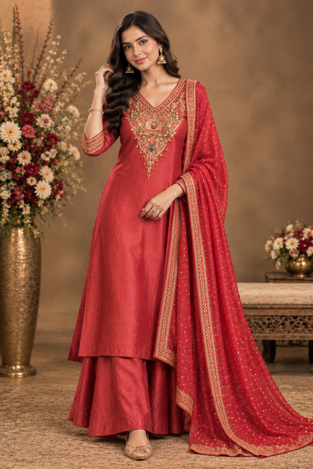 Red Embroidered Festive Kurta Palazzo Set with Dupatta