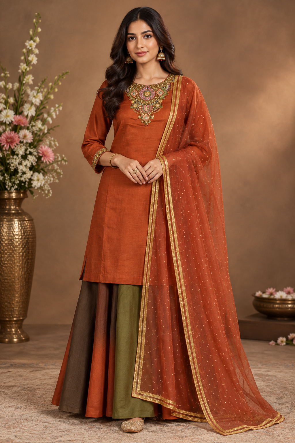 Rust Orange Embroidered Palazzo Suit Set