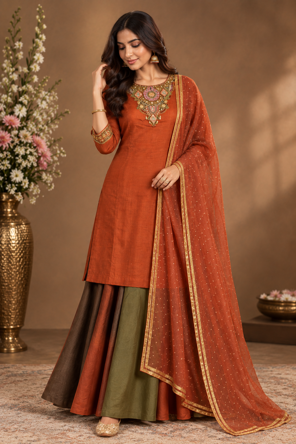 Rust Orange Embroidered Palazzo Suit Set