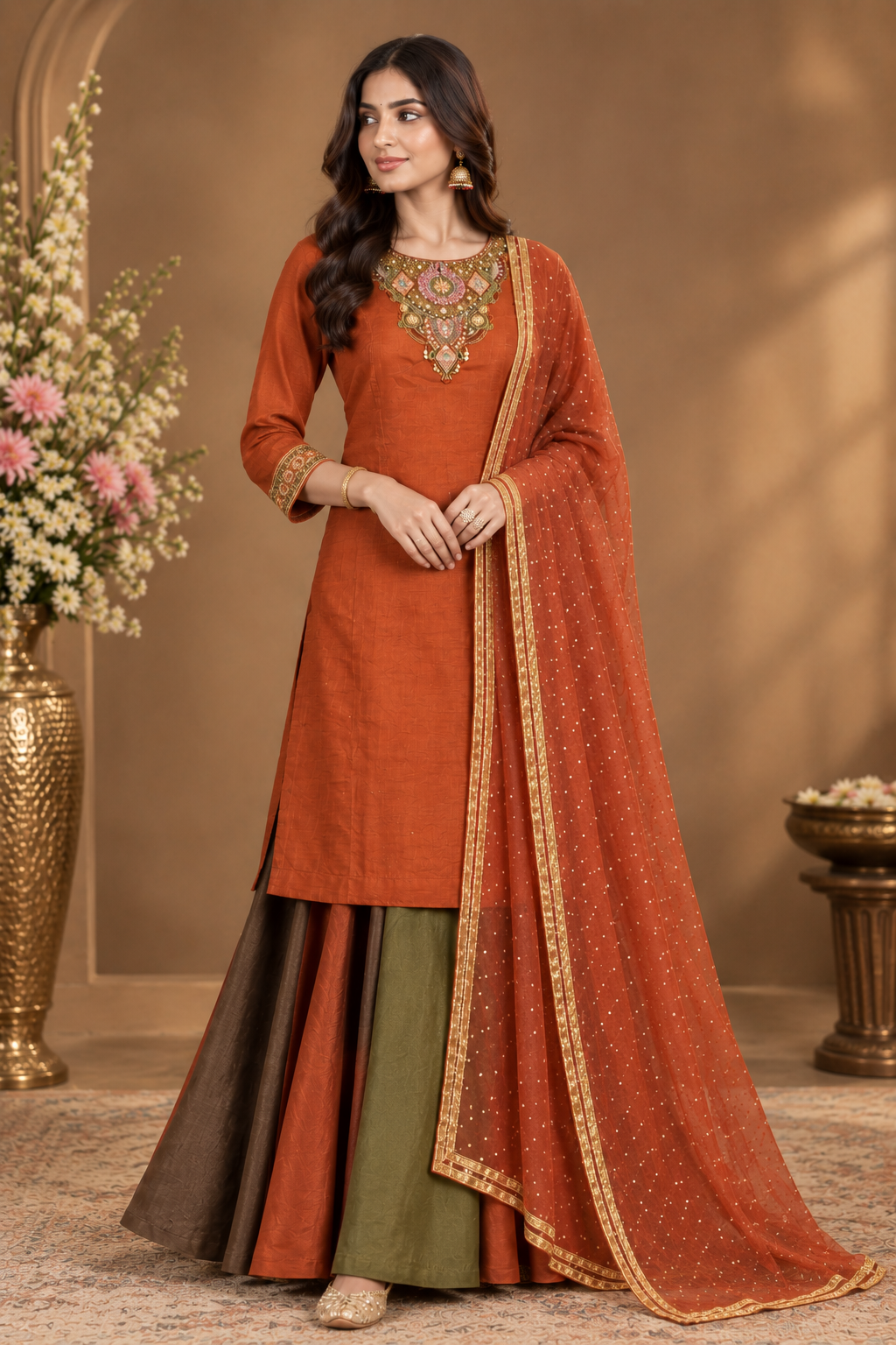 Rust Orange Embroidered Palazzo Suit Set
