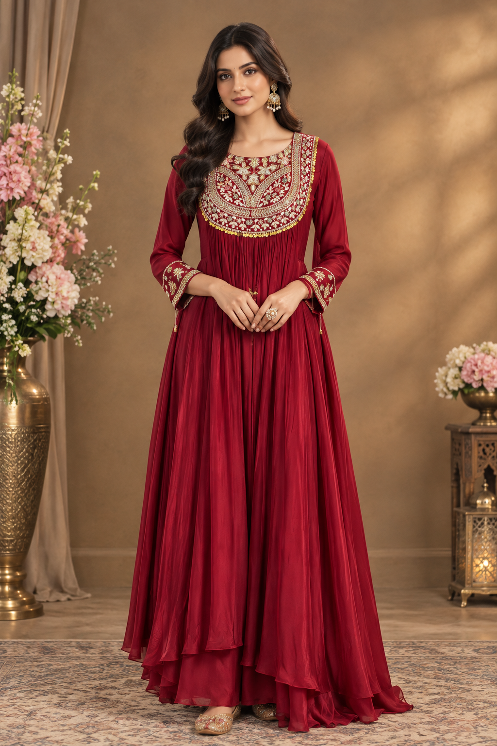 Wine Red Embroidered Anarkali Suit Set