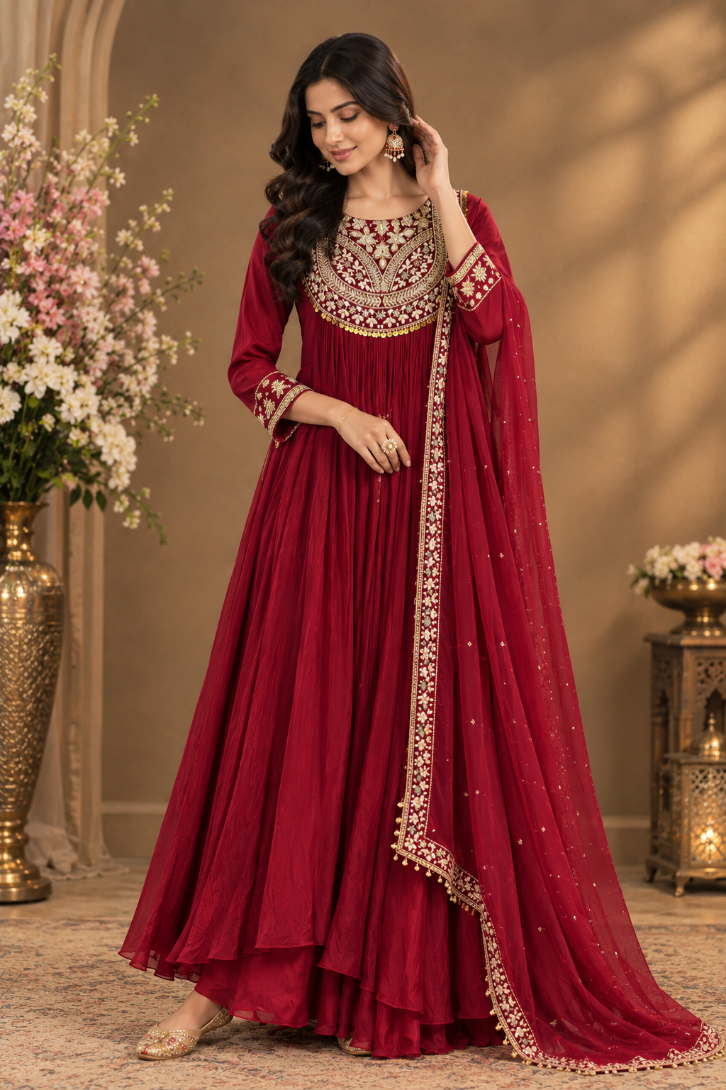 Wine Red Embroidered Anarkali Suit Set