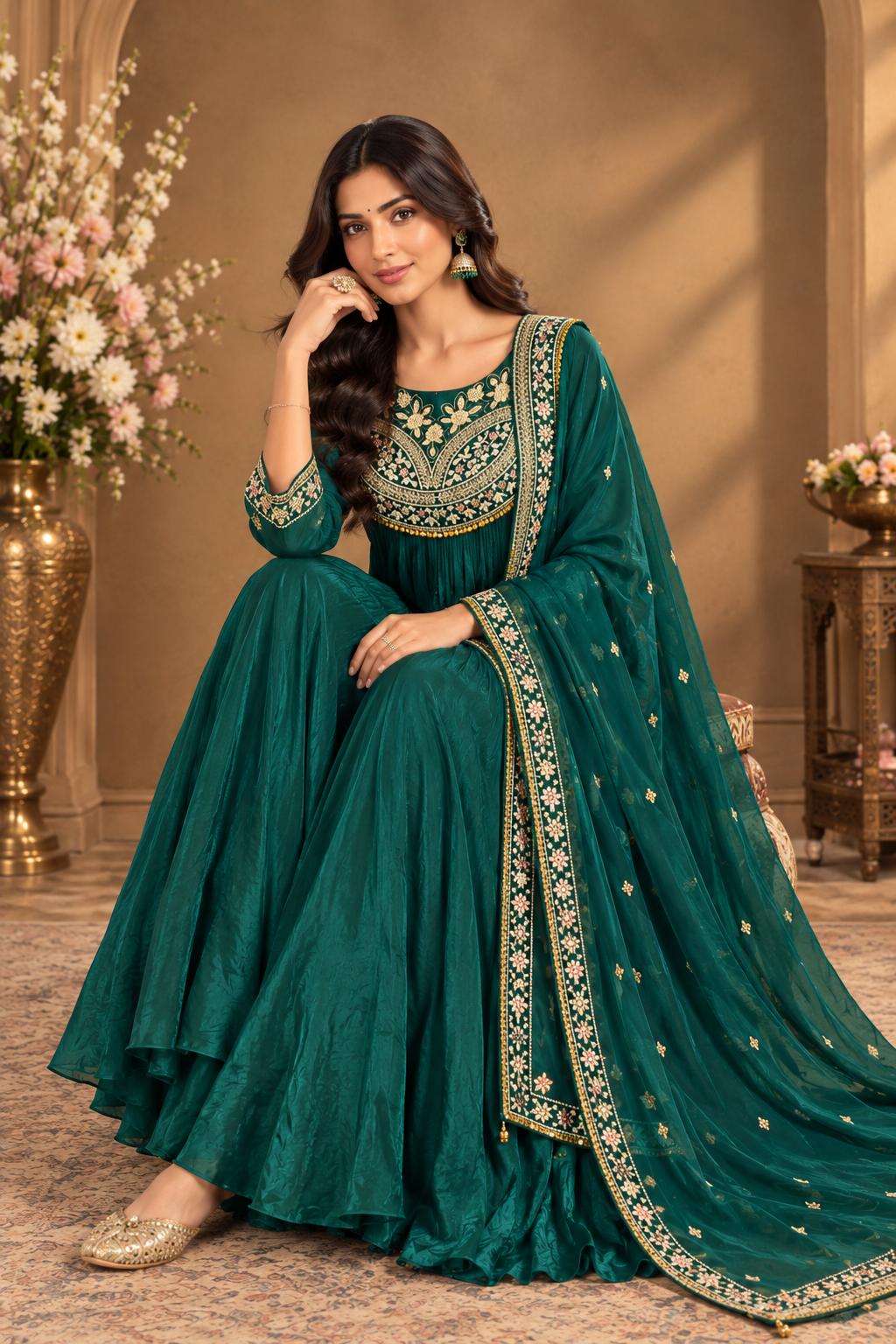 Wine Red Embroidered Anarkali Suit Set