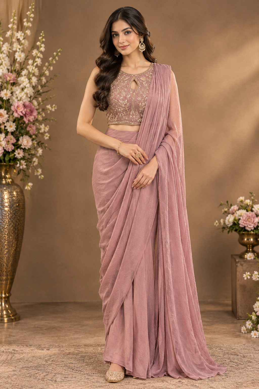 Dusty Rose Embroidered Designer Saree Set