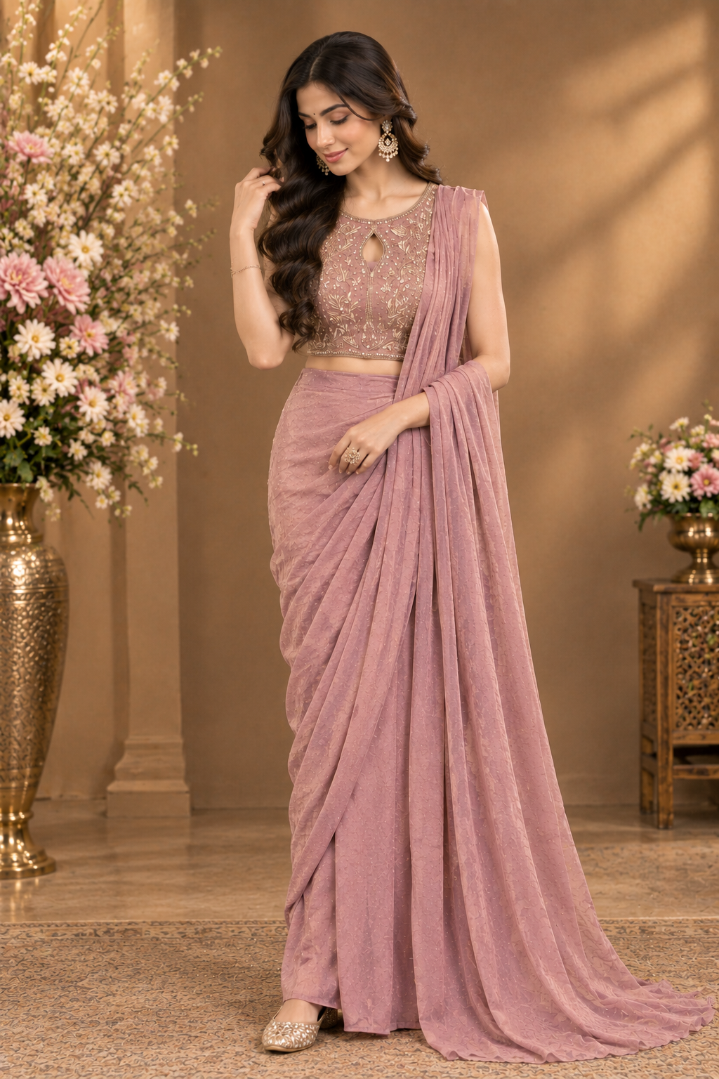 Dusty Rose Embroidered Designer Saree Set