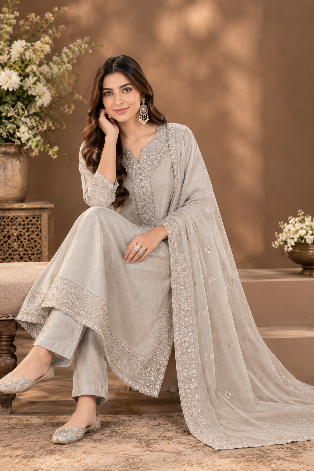 Elegant Beige Embroidered Straight Suit Set with Dupatta