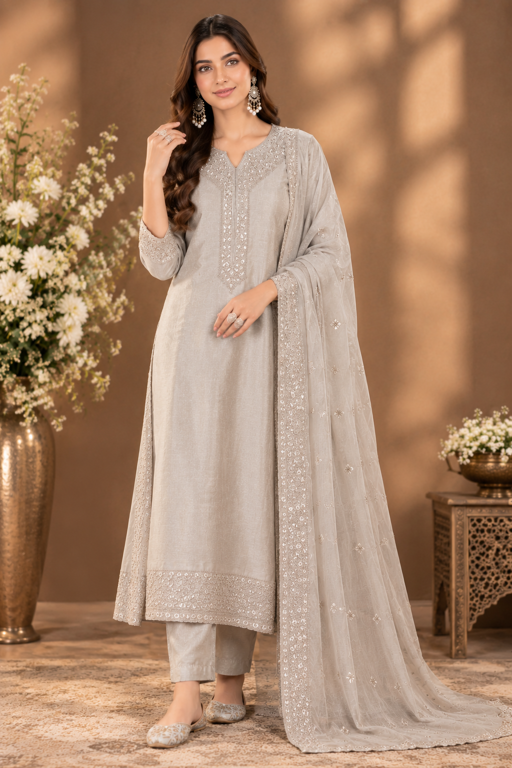Elegant Beige Embroidered Straight Suit Set with Dupatta