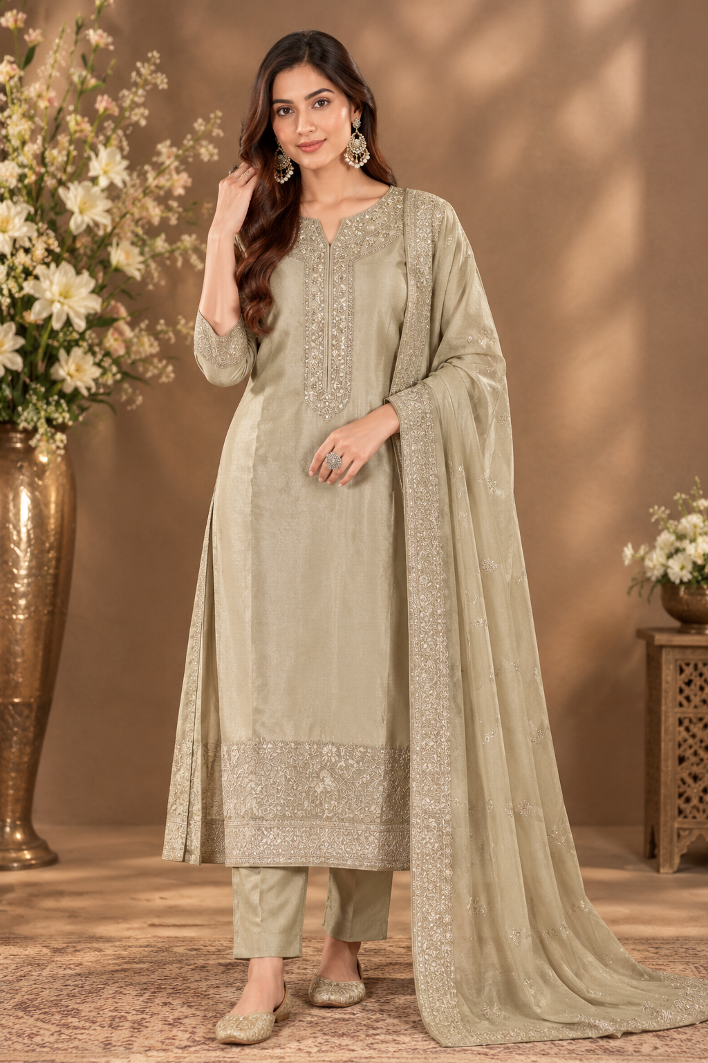 Elegant Beige Embroidered Straight Suit Set with Dupatta