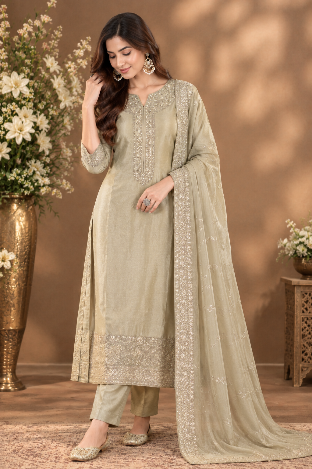 Elegant Beige Embroidered Straight Suit Set with Dupatta