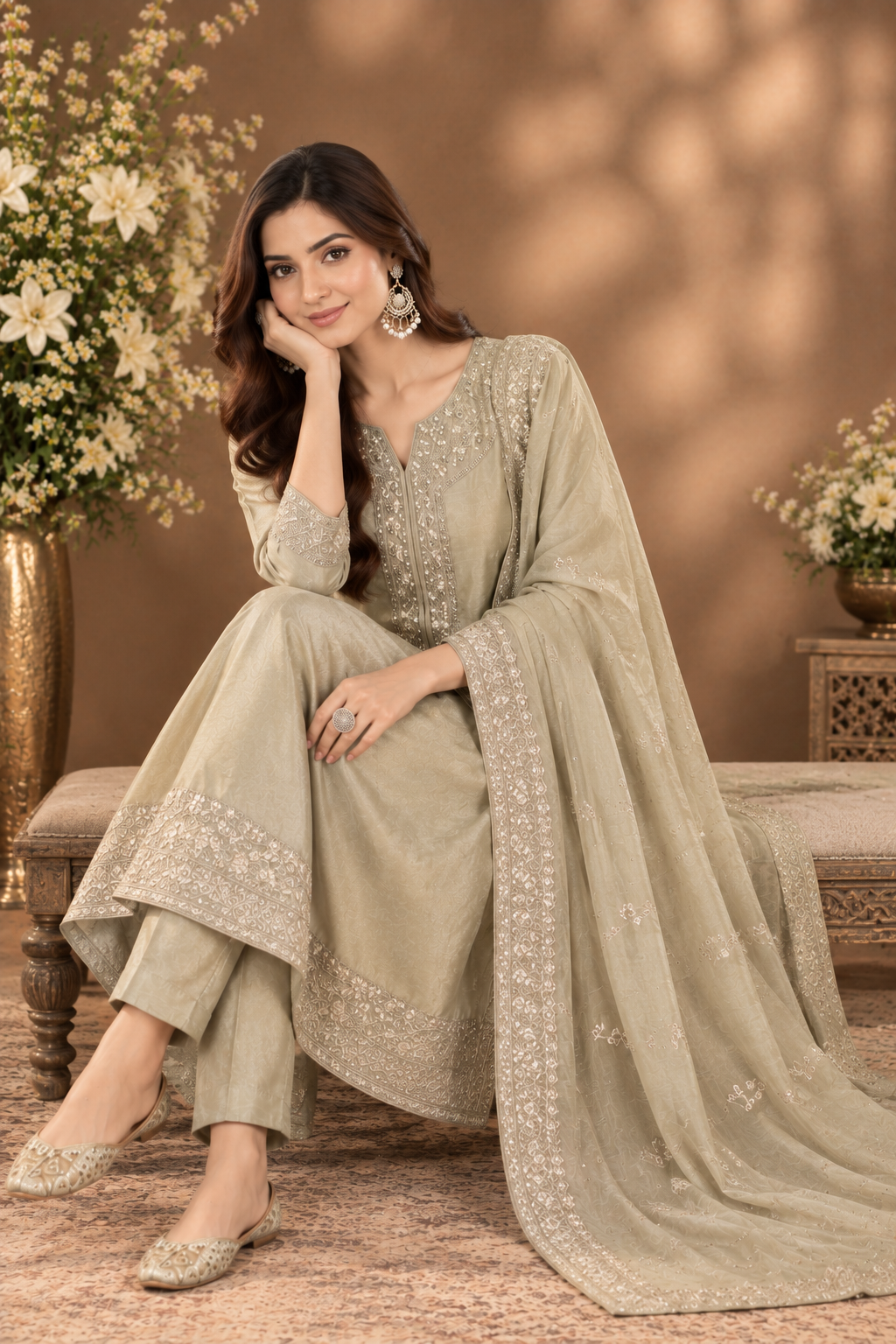 Elegant Beige Embroidered Straight Suit Set with Dupatta