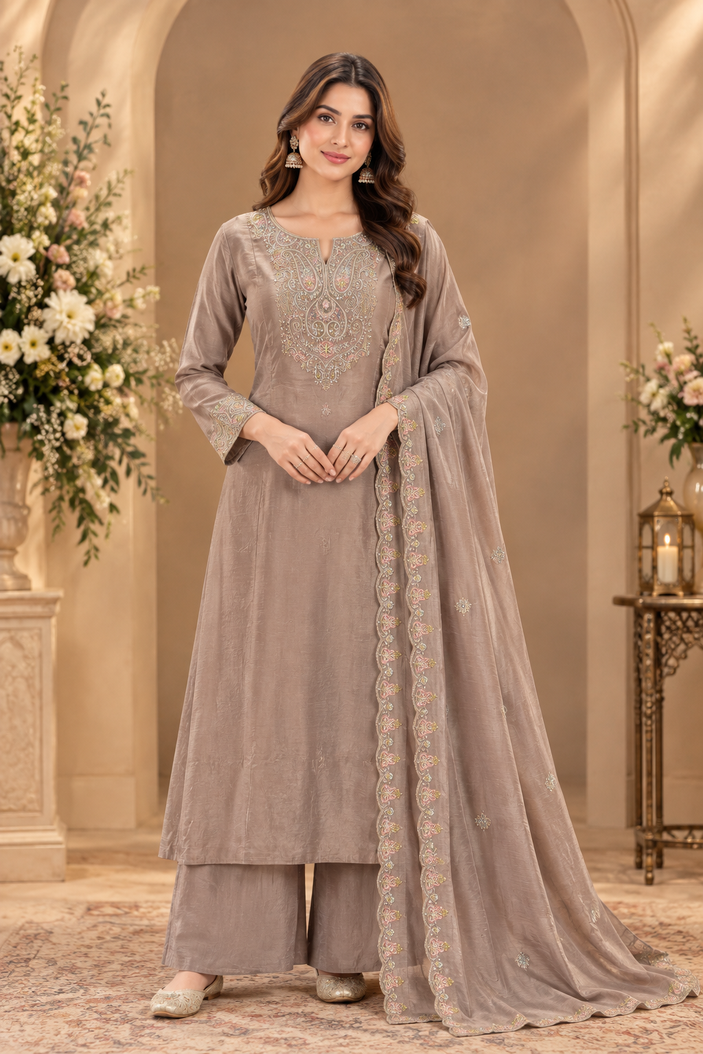 Pastel Embroidered Kurta Palazzo Set with Dupatta