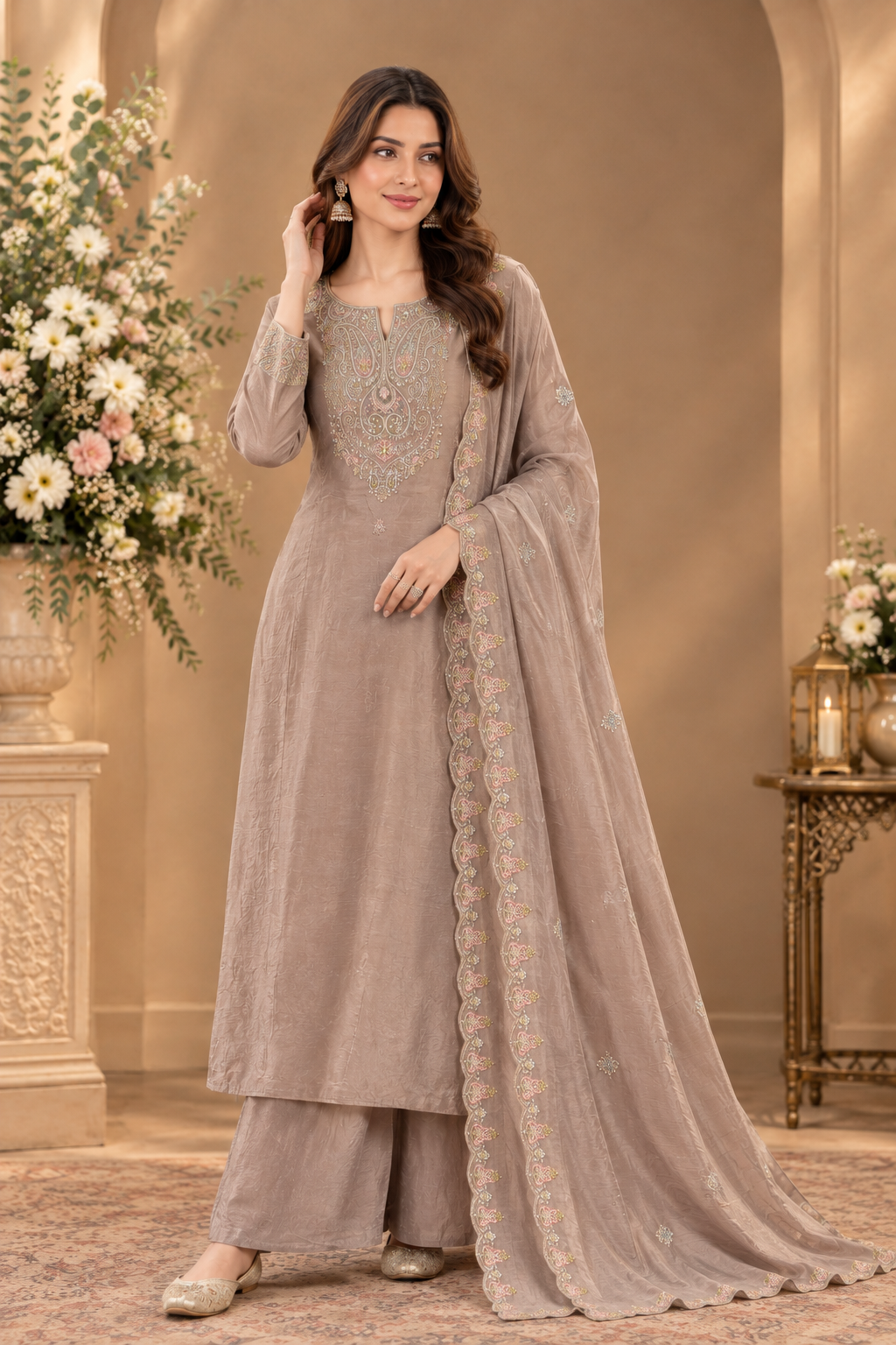 Pastel Embroidered Kurta Palazzo Set with Dupatta
