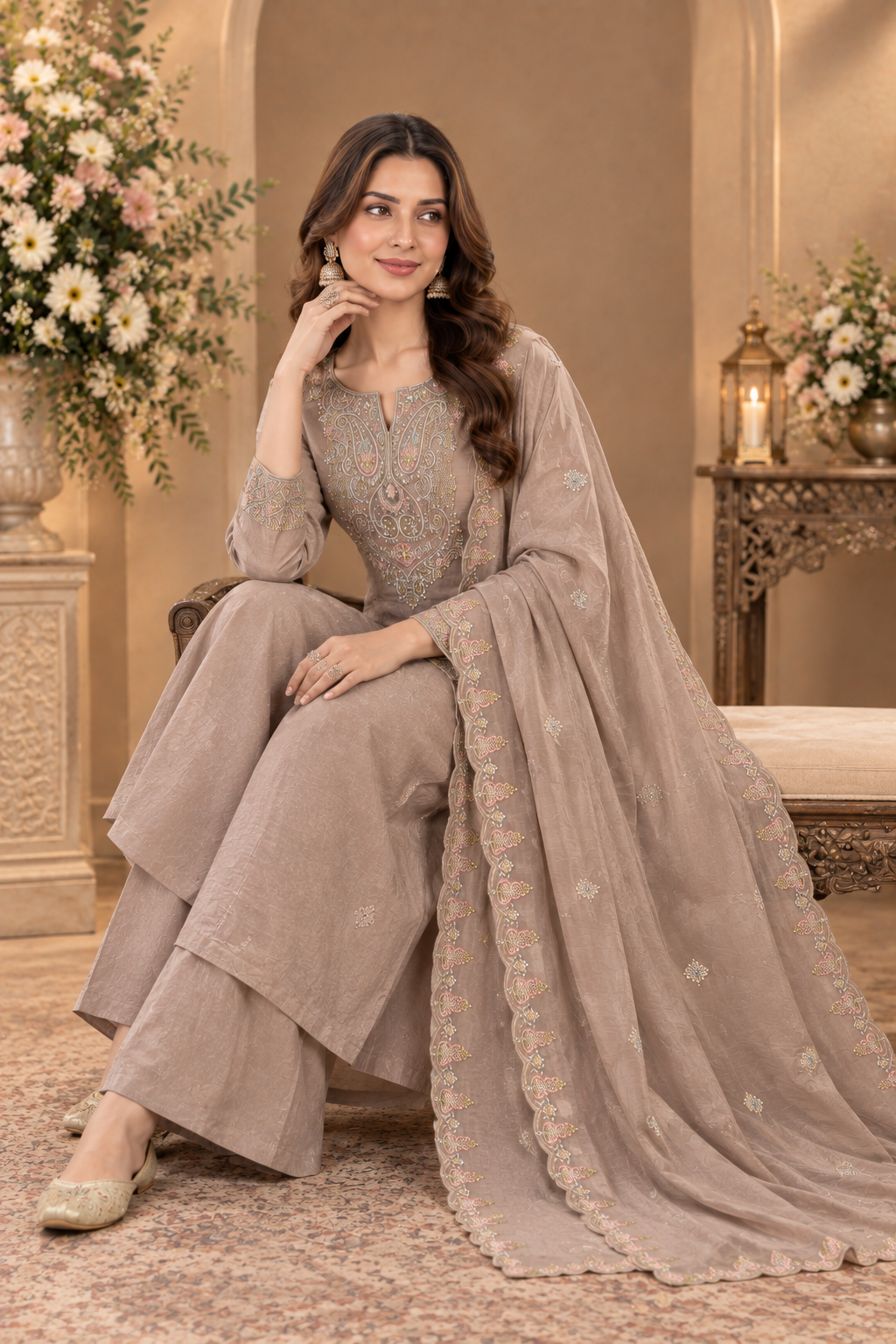 Pastel Embroidered Kurta Palazzo Set with Dupatta