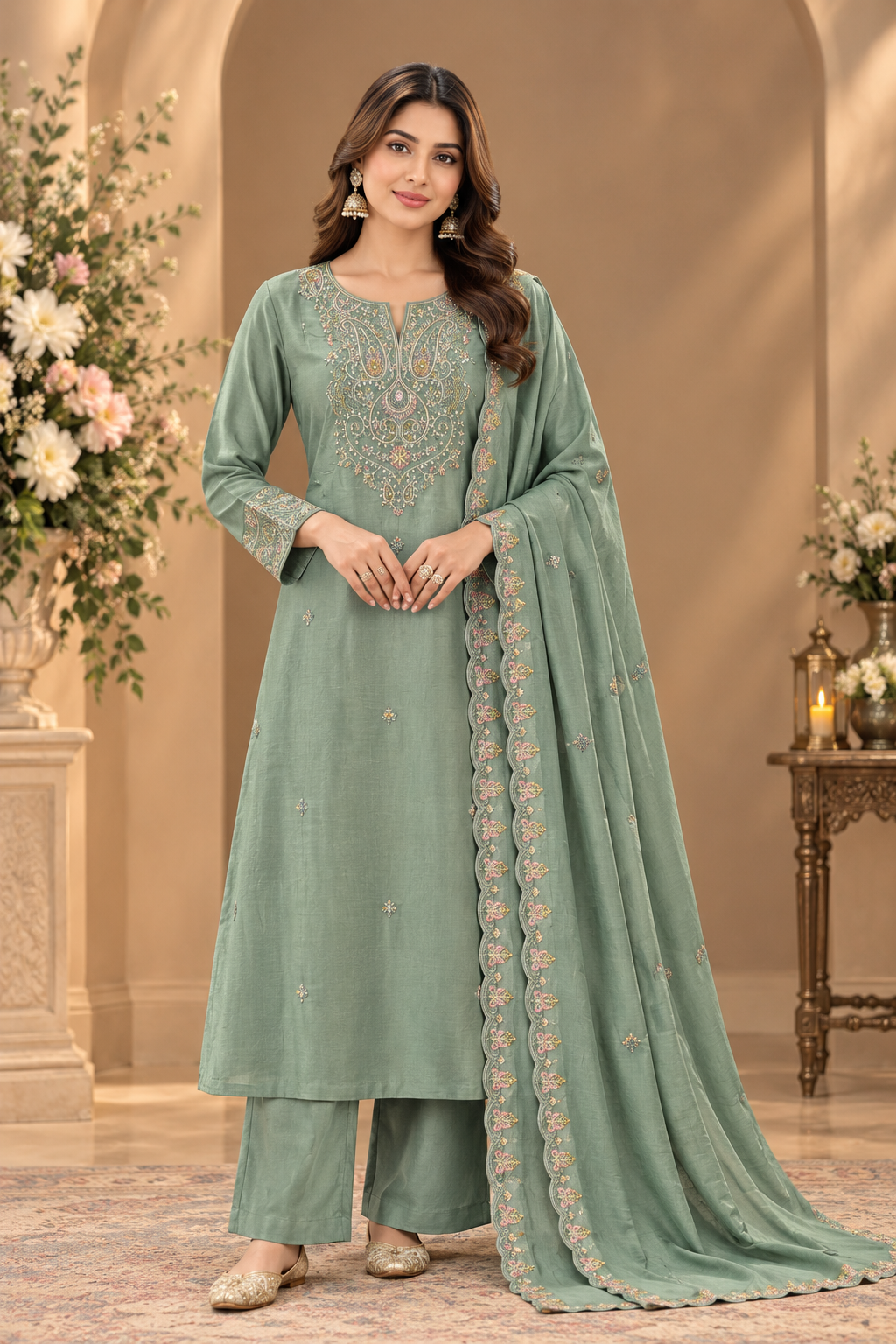 Pastel Embroidered Kurta Palazzo Set with Dupatta
