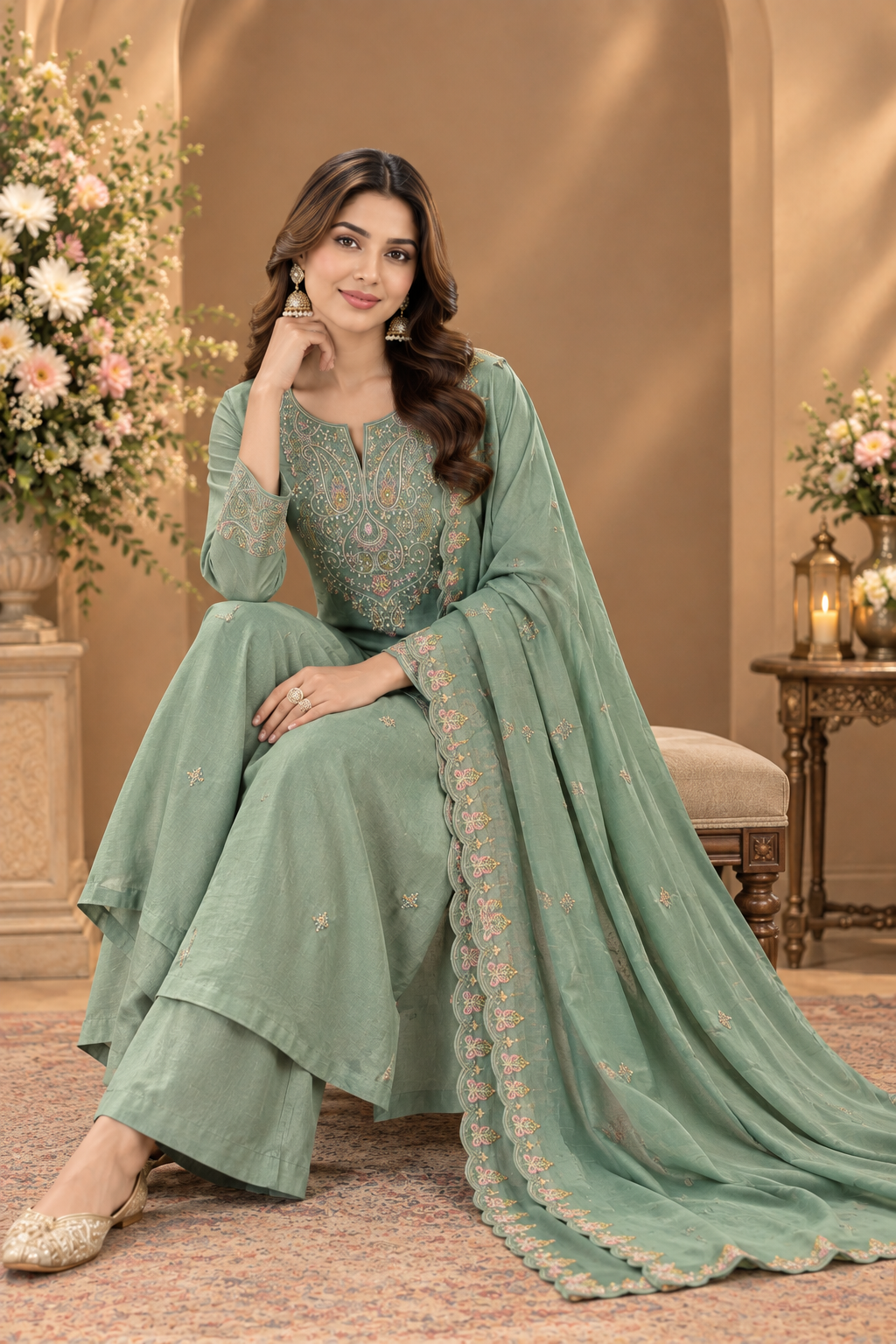 Pastel Embroidered Kurta Palazzo Set with Dupatta