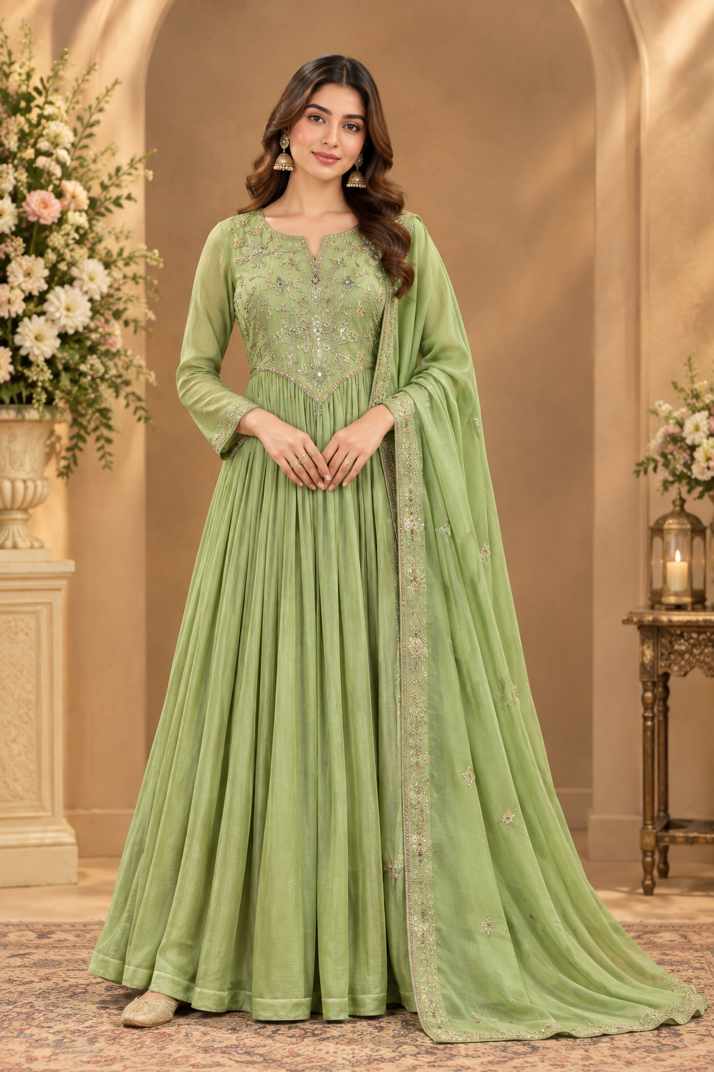 Pastel Green Embroidered Anarkali Suit Set with Dupatta