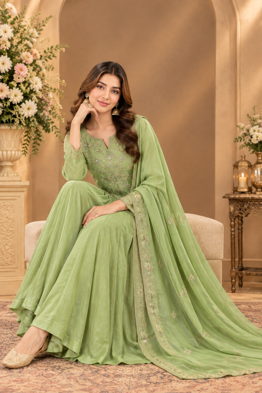 Pastel Green Embroidered Anarkali Suit Set with Dupatta