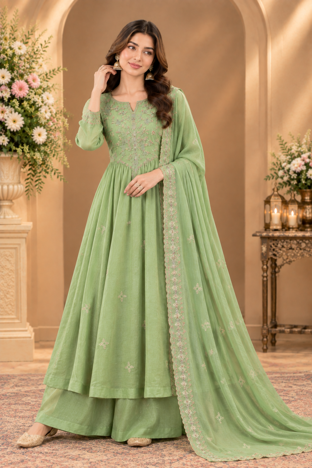 Pastel Green Embroidered Anarkali Suit Set with Dupatta