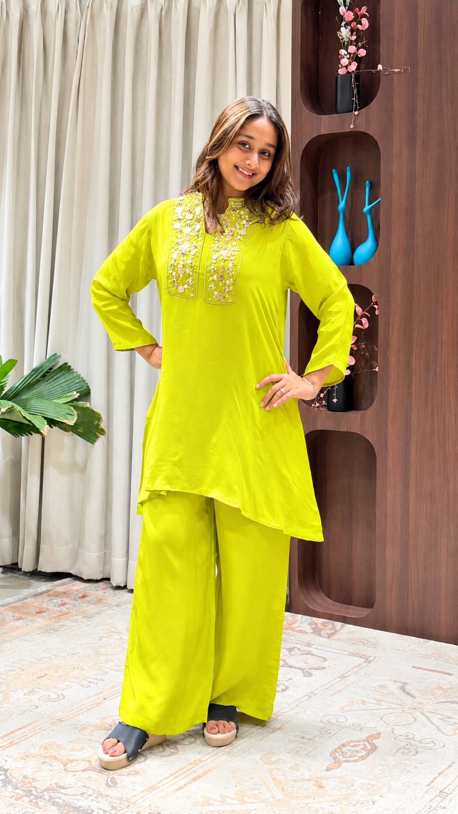 Lime Green Embroidered Kurta Palazzo Set