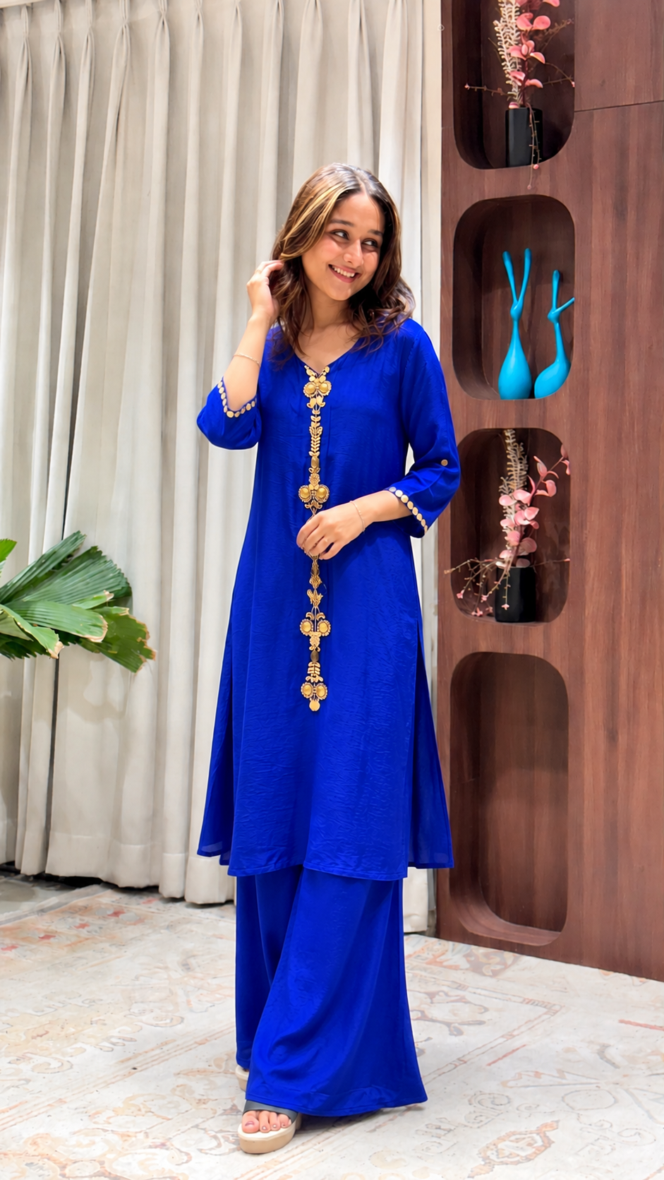 Royal Blue Embellished Kurta Palazzo Set