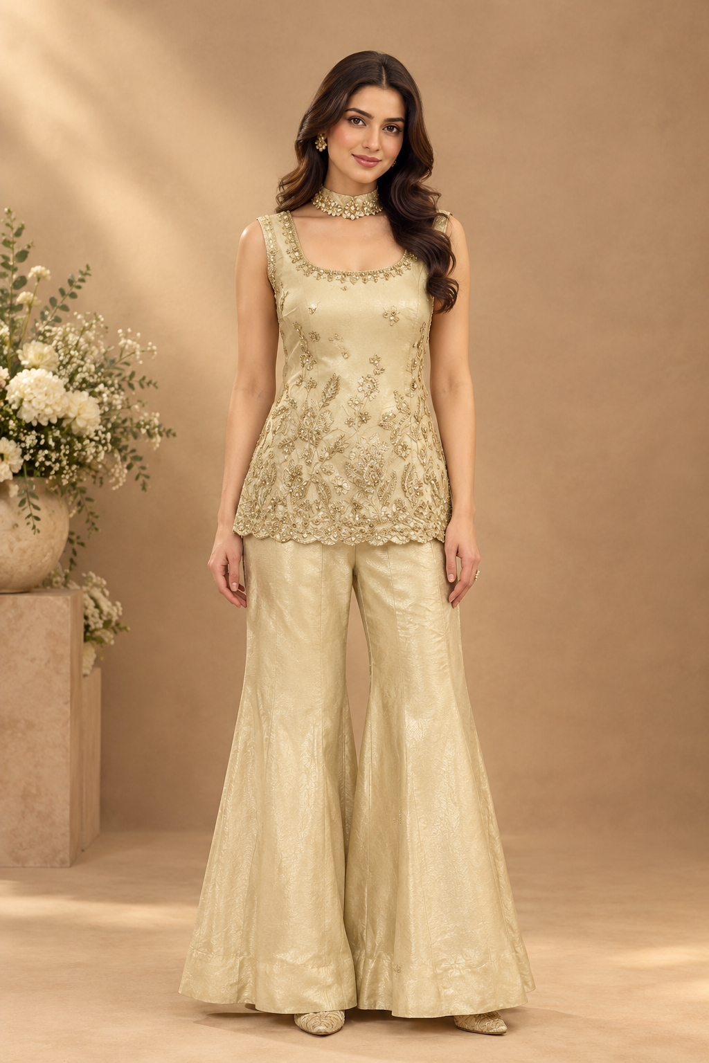 Champagne Gold Embroidered Palazzo Set