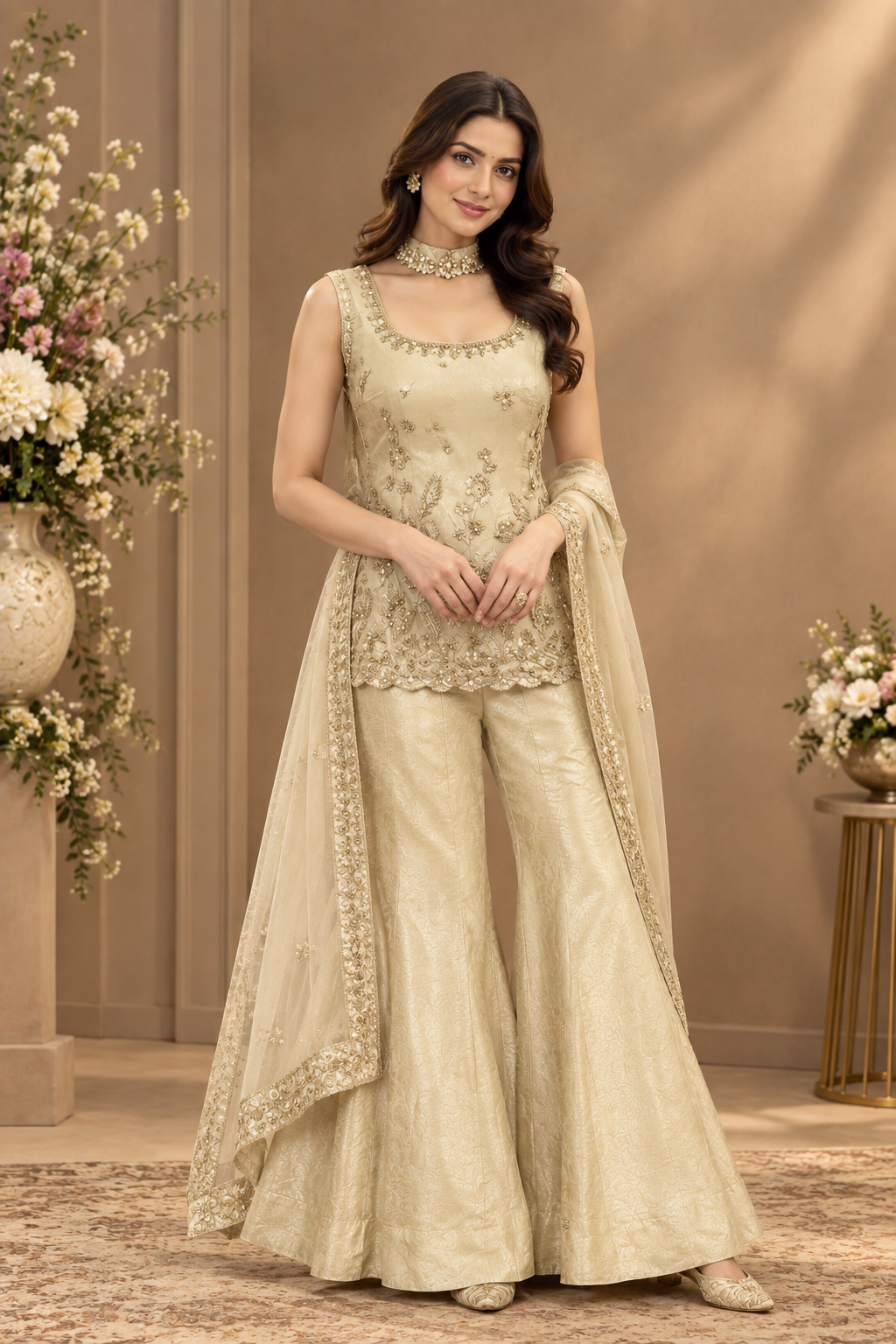 Champagne Gold Embroidered Palazzo Set