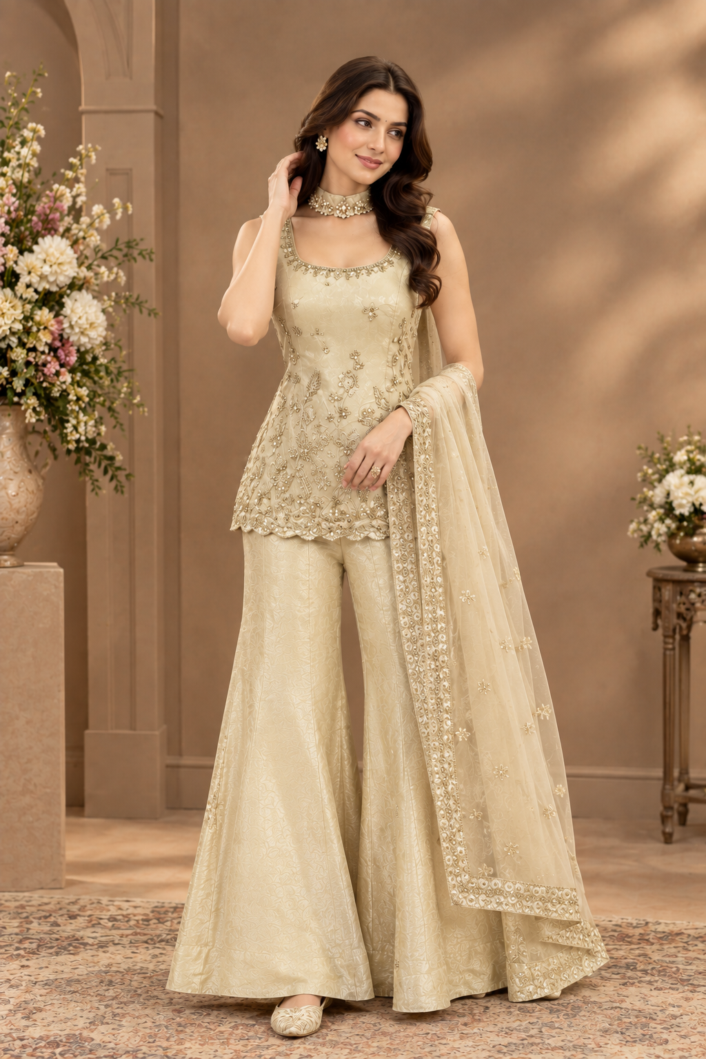 Champagne Gold Embroidered Palazzo Set