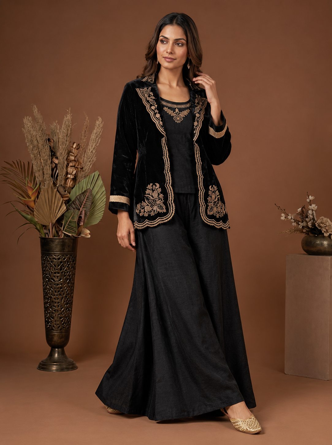 Black Velvet Embroidered Indo-Western Co-Ord Set