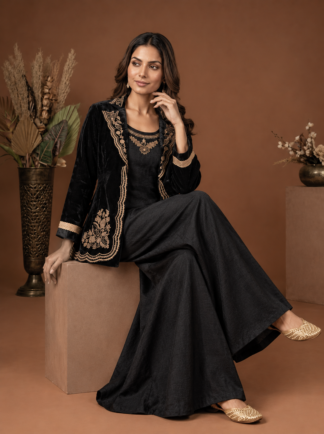 Black Velvet Embroidered Indo-Western Co-Ord Set
