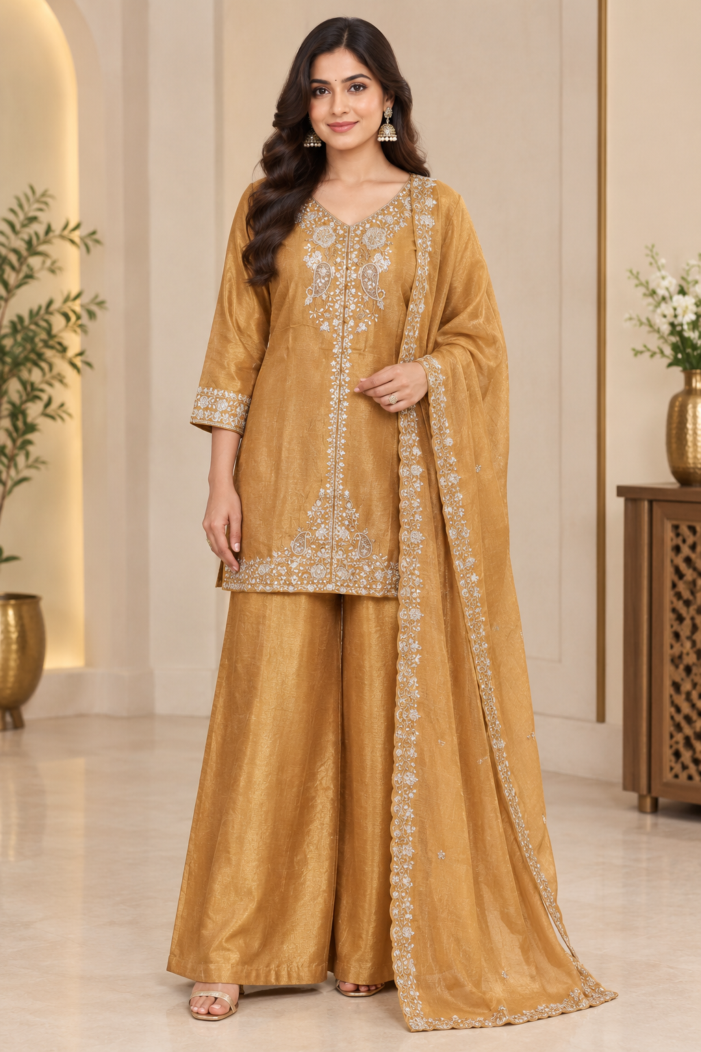 Elegant Embroidered Kurta Palazzo Set with Dupatta