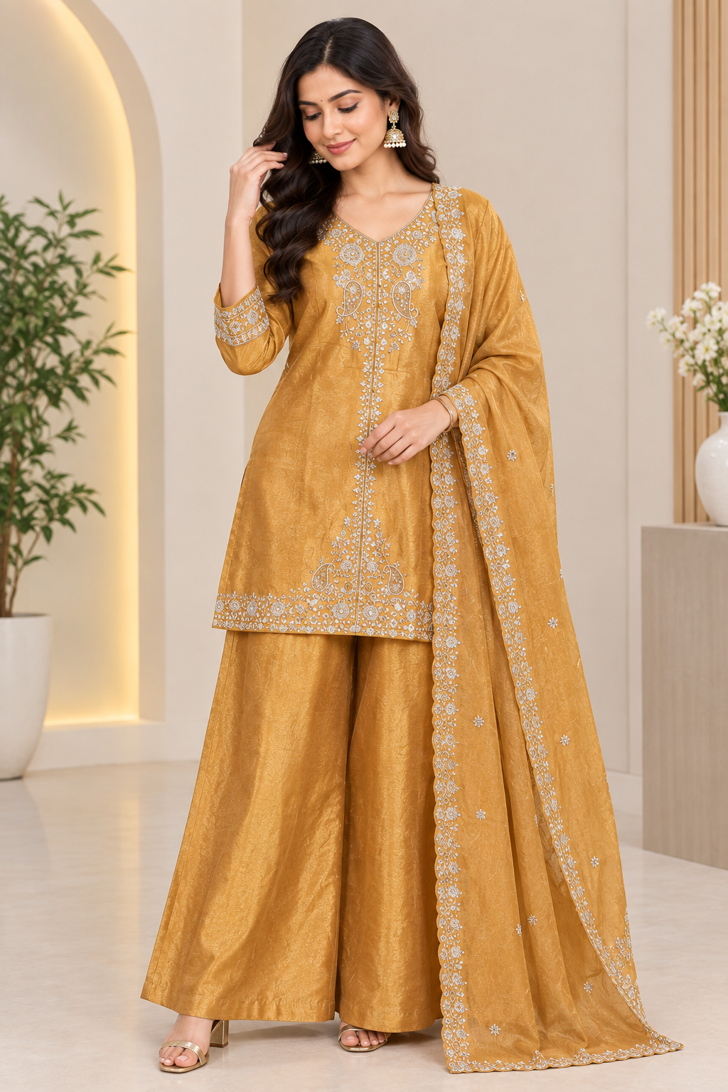 Elegant Embroidered Kurta Palazzo Set with Dupatta