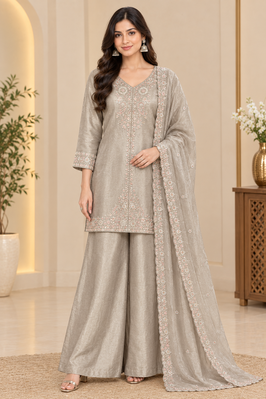 Elegant Embroidered Kurta Palazzo Set with Dupatta