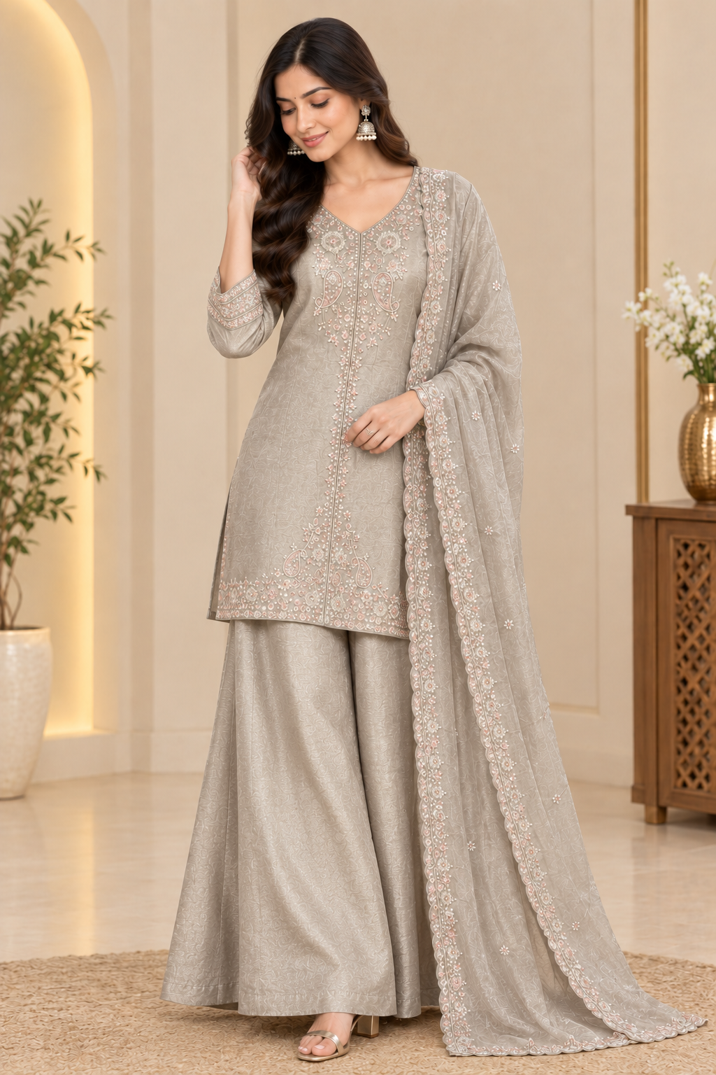Elegant Embroidered Kurta Palazzo Set with Dupatta