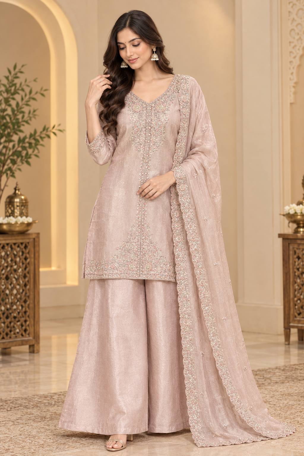 Elegant Embroidered Kurta Palazzo Set with Dupatta