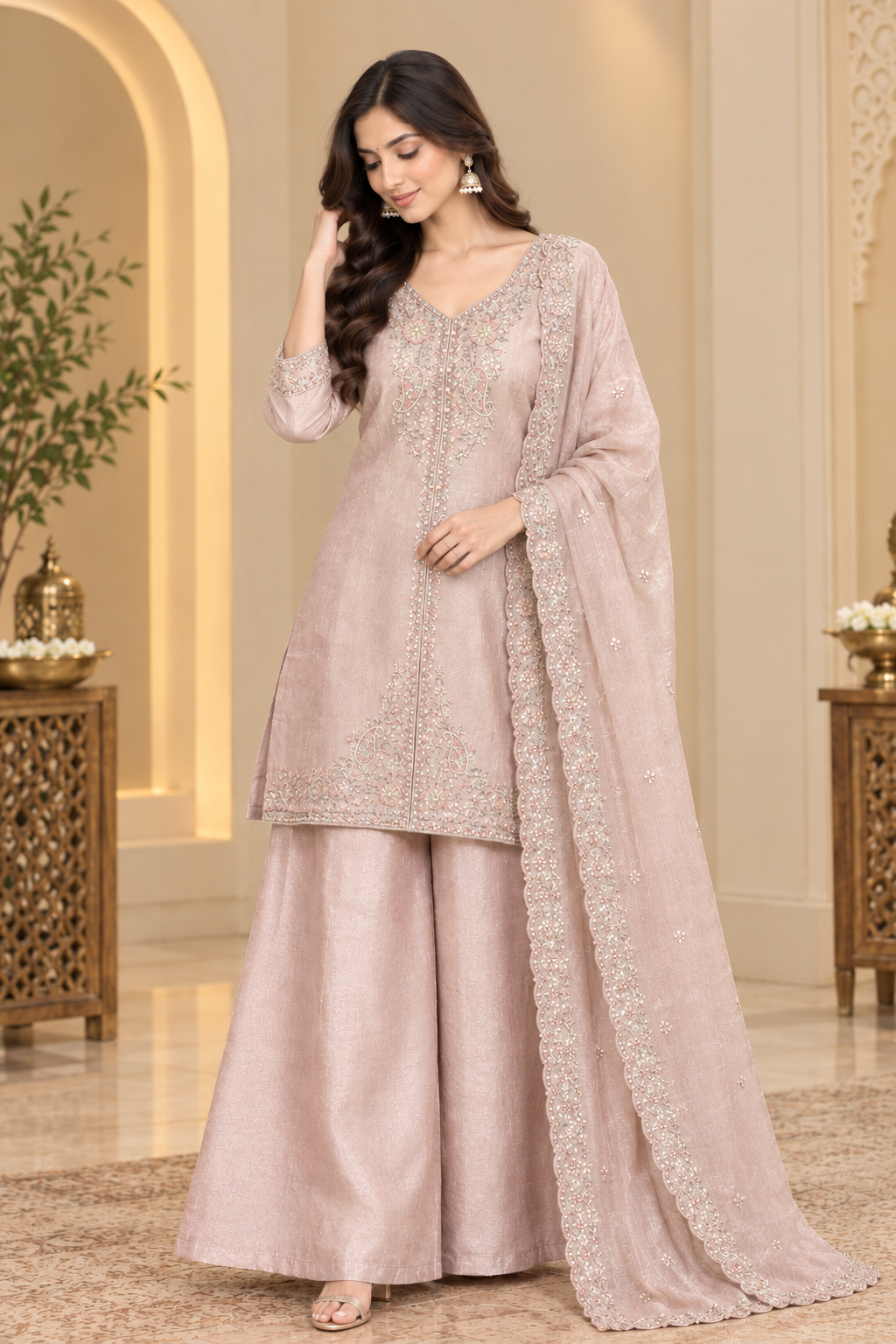 Elegant Embroidered Kurta Palazzo Set with Dupatta