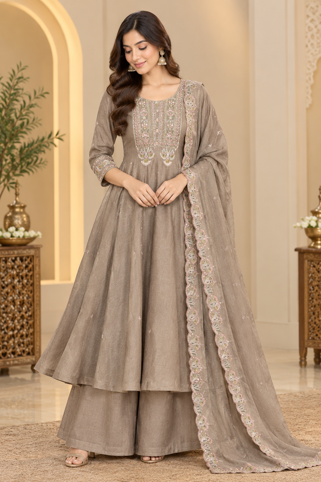 Taupe Embroidered Anarkali Palazzo Set with Dupatta