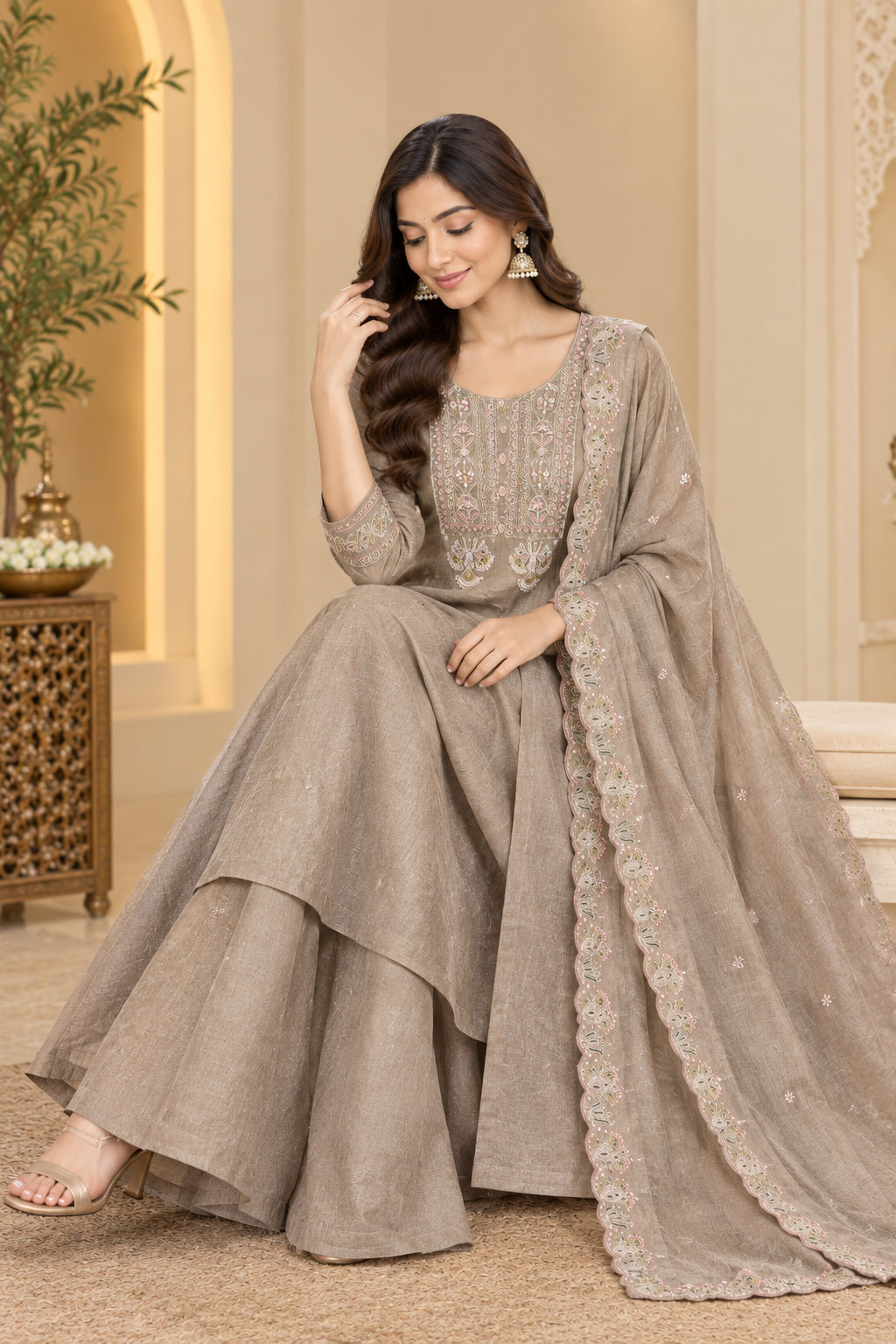 Taupe Embroidered Anarkali Palazzo Set with Dupatta