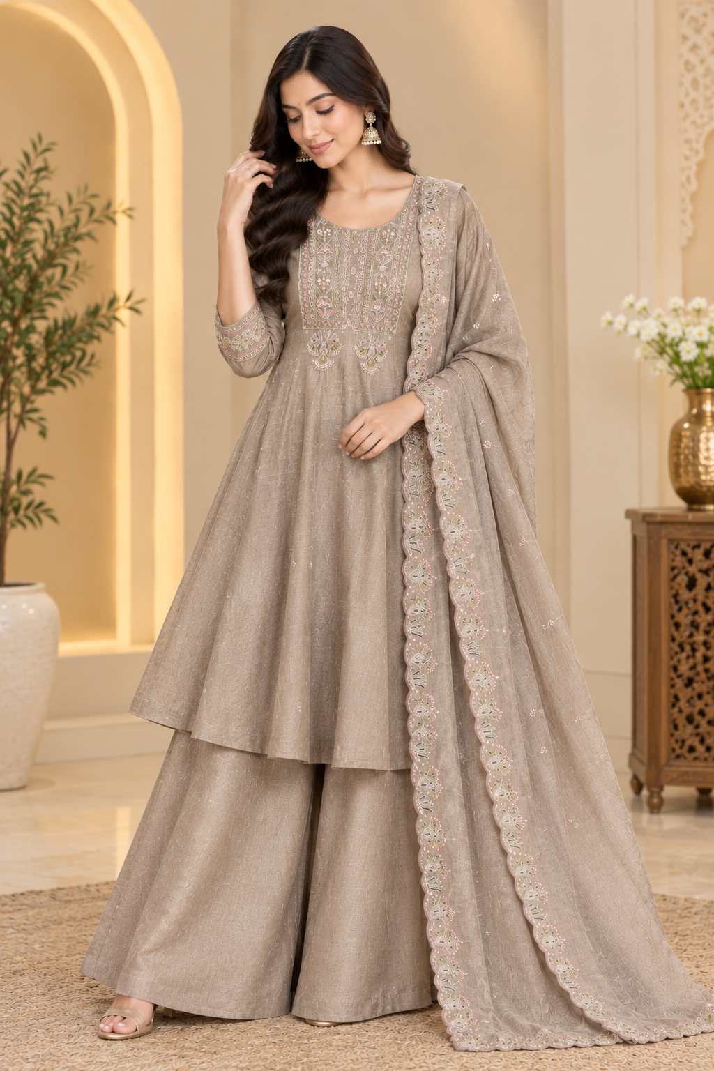 Taupe Embroidered Anarkali Palazzo Set with Dupatta