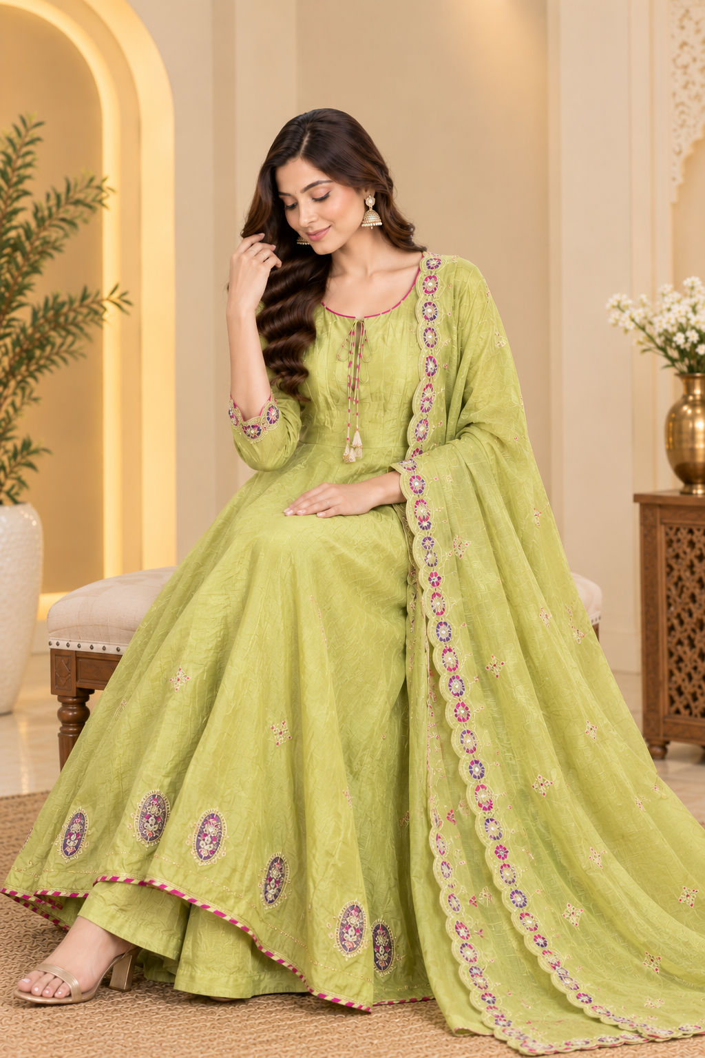 Pastel Green Embroidered Anarkali Palazzo Set with Dupatta
